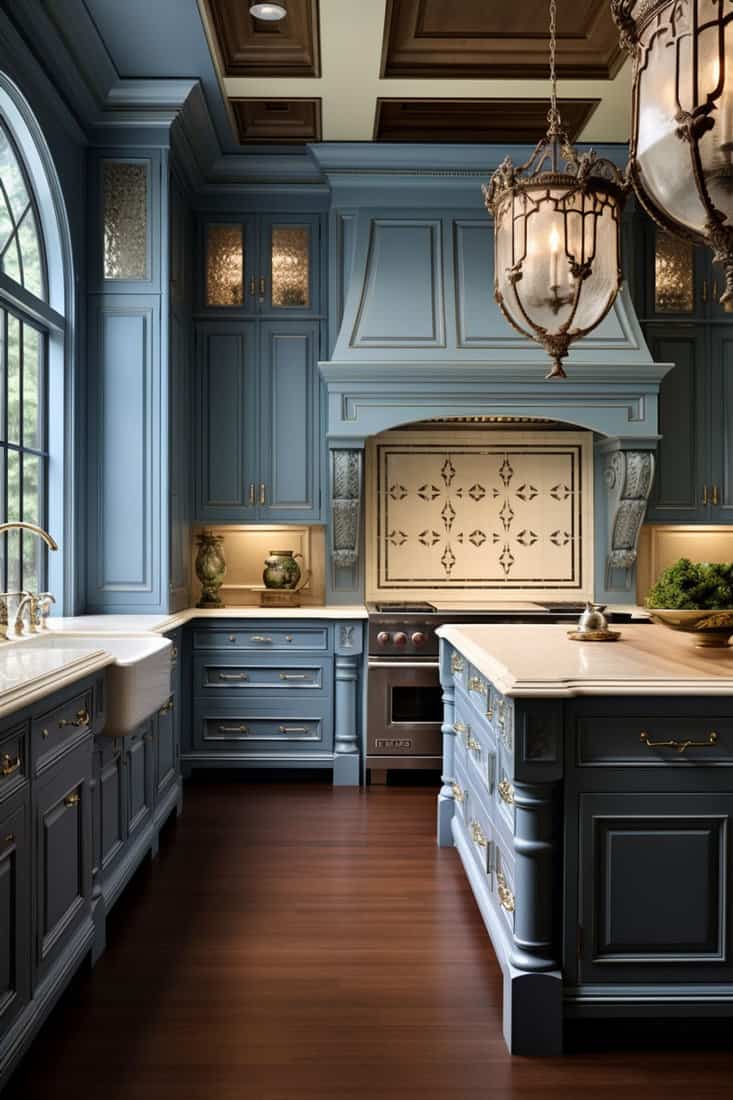 Medium shade of blue, like denim blue, highlighting antique white trim or cabinets