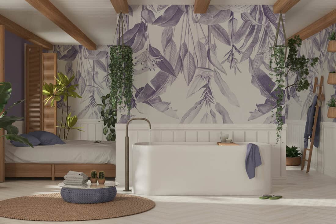 Bohemian wooden bathroom and bedroom in boho style in white and purple tones