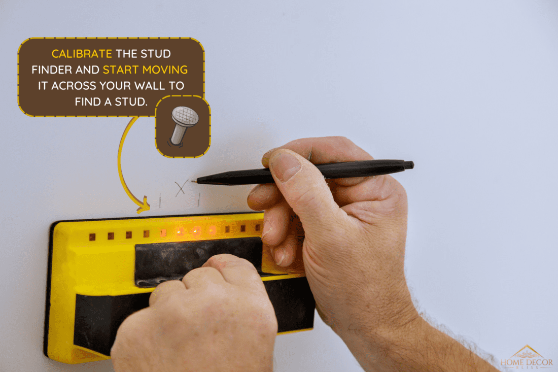 Digital detector man hand is scanning wall by sensors ProSensor precision stud finder wooden beams - How To Use A Ryobi Stud Finder? [Step By Step Guide]