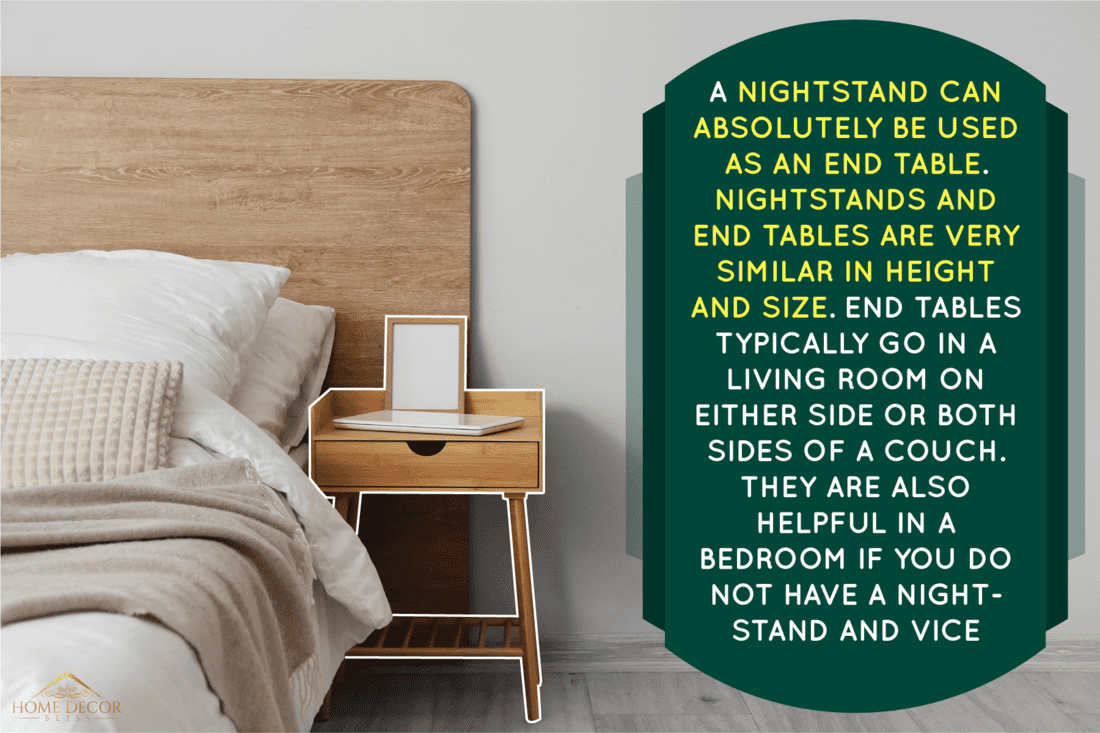 A wooden bedside table with a laptop on top and an empty picture frame, Can Nightstands Be Used As End Tables? [& How To]