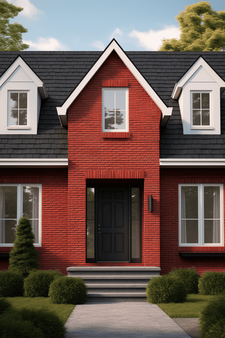 A two storey house with red brick walls accented with charcoal roofing and white dormer windows