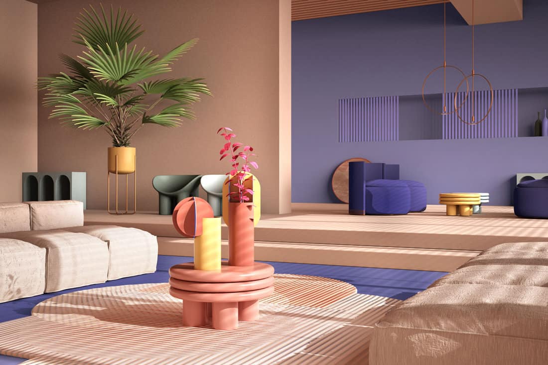 Colored contemporary living room, pastel purple colors, sofa, armchair, carpet, tables, steps and potted plants, co