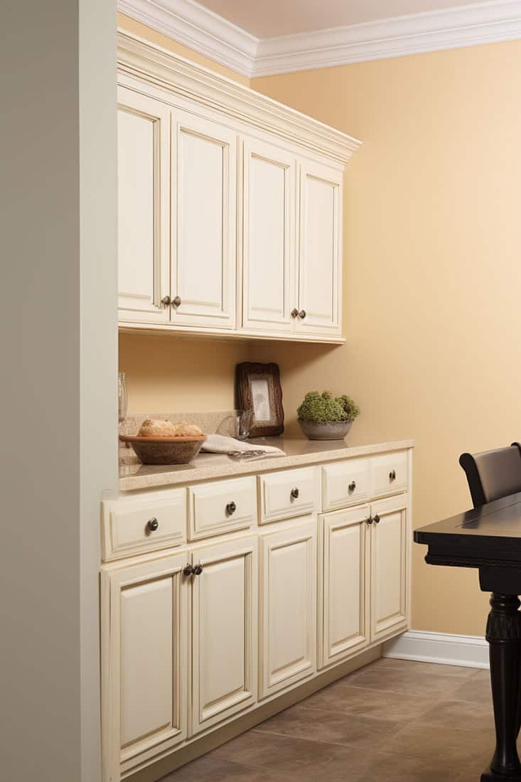 Cream-colored wall, next to antique white trim or cabinets