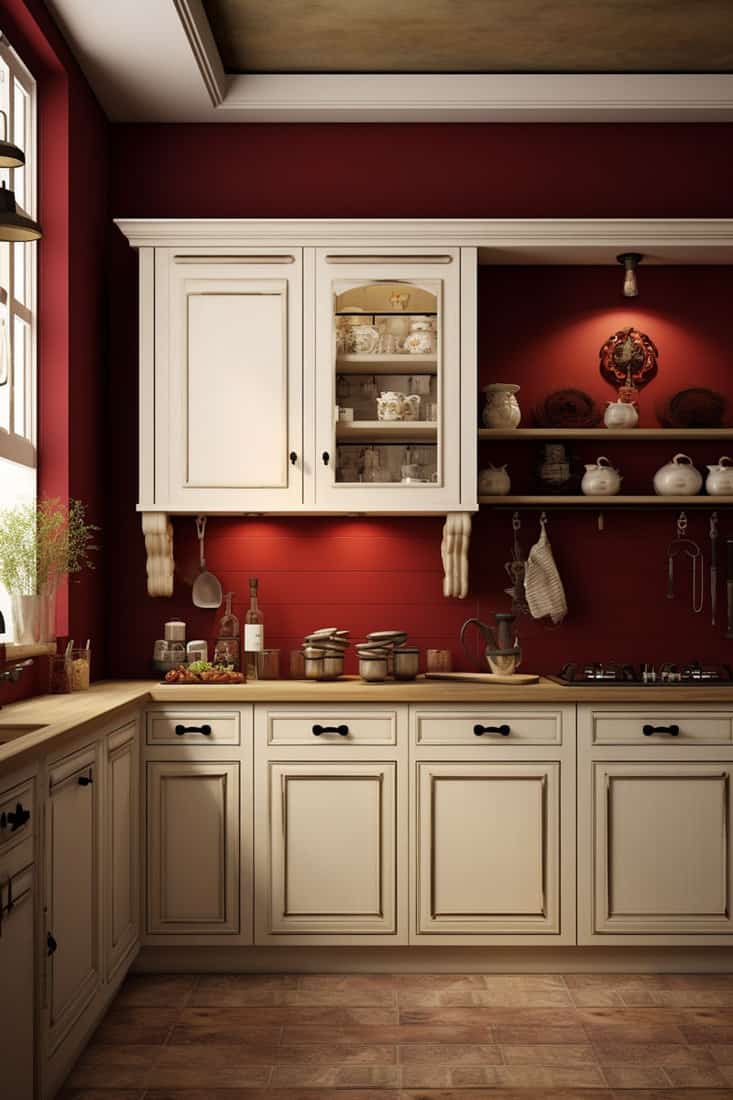 Wall in dark red, making the adjacent antique white cabinets stand out