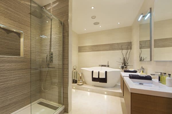 Elegant bathroom in luxury new home with a walk-in shower area and bathtub, 8x10 Bathroom Layout Ideas [Inc. Walk-In Shower, Corner Shower, and Tub Options]