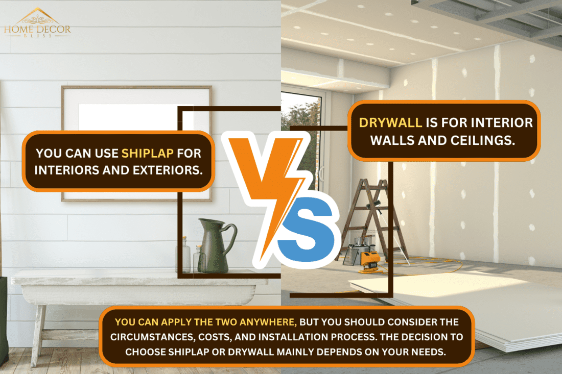 Farmhouse entryway. Wooden bench near white shiplap wall. Interior mockup. - Shiplap Vs Drywall: Which Is Right For You?