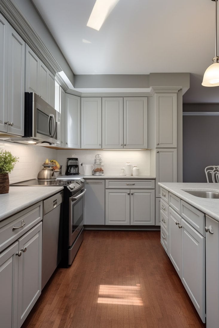 Gray wall, complementing antique white trim or cabinets