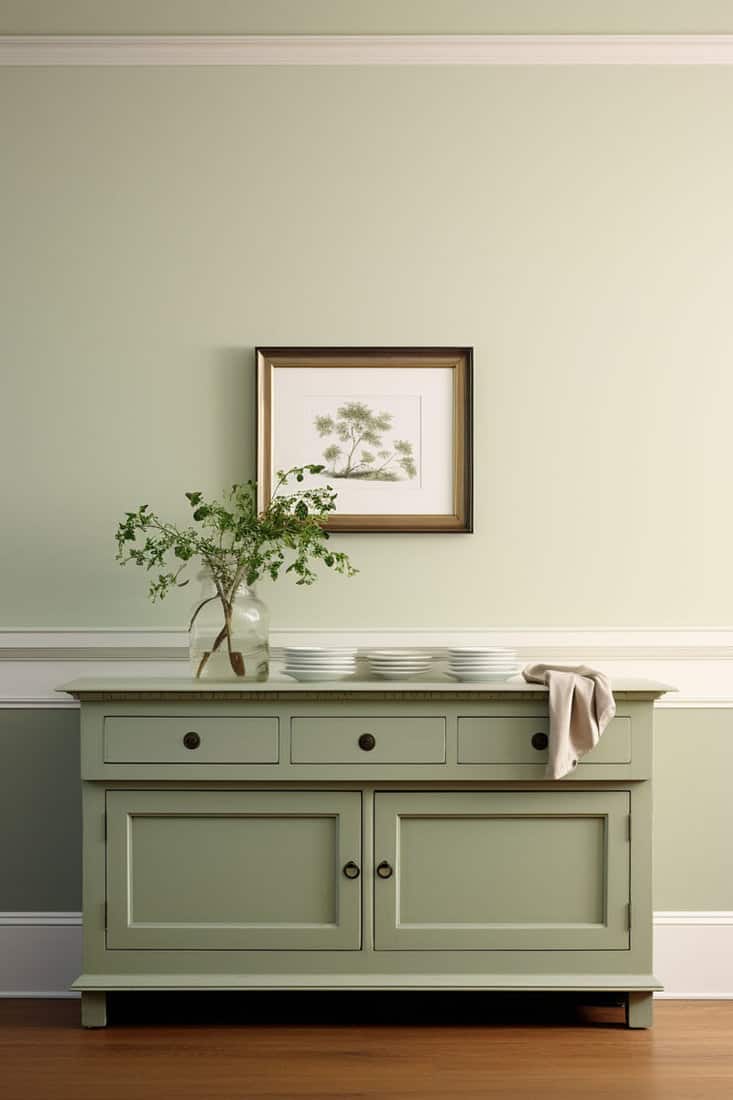 Wall painted in sage green, combined with antique white trim or cabinets