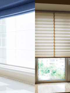 A collaged photo of deep windows installed with blinds on the outside and inside, How And Where To Hang Blinds In Deep Windows?