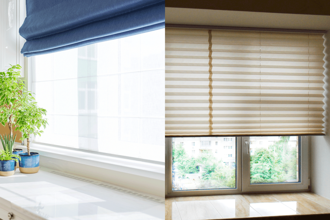 A collaged photo of deep windows installed with blinds on the outside and inside