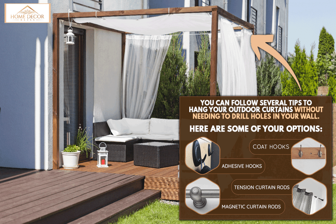 A chillout lounge on wooden terrace, How To Hang Outdoor Curtains Without Drilling Holes