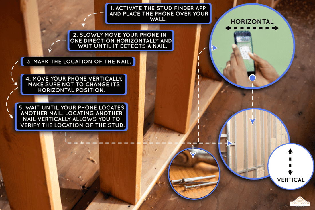 row of timber wall studs, with exposed wood framing, in a home construction background, How To Use A Stud Finder App? [Step By Step Guide]