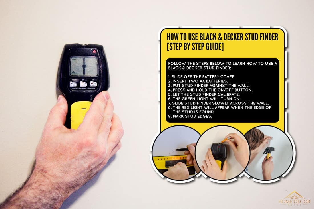 Stud Finder man hand holding white painted wall, How To Use Black & Decker Stud Finder [Step By Step Guide]
