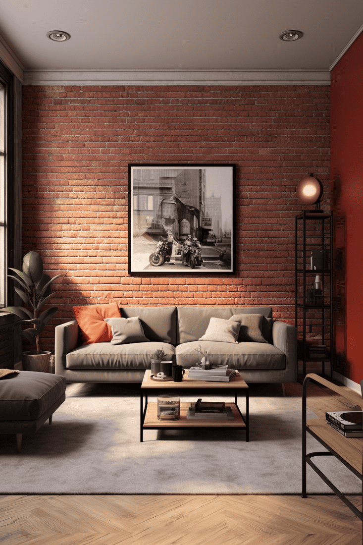 Interior of a modern house with red brick walls and charcoal flooring