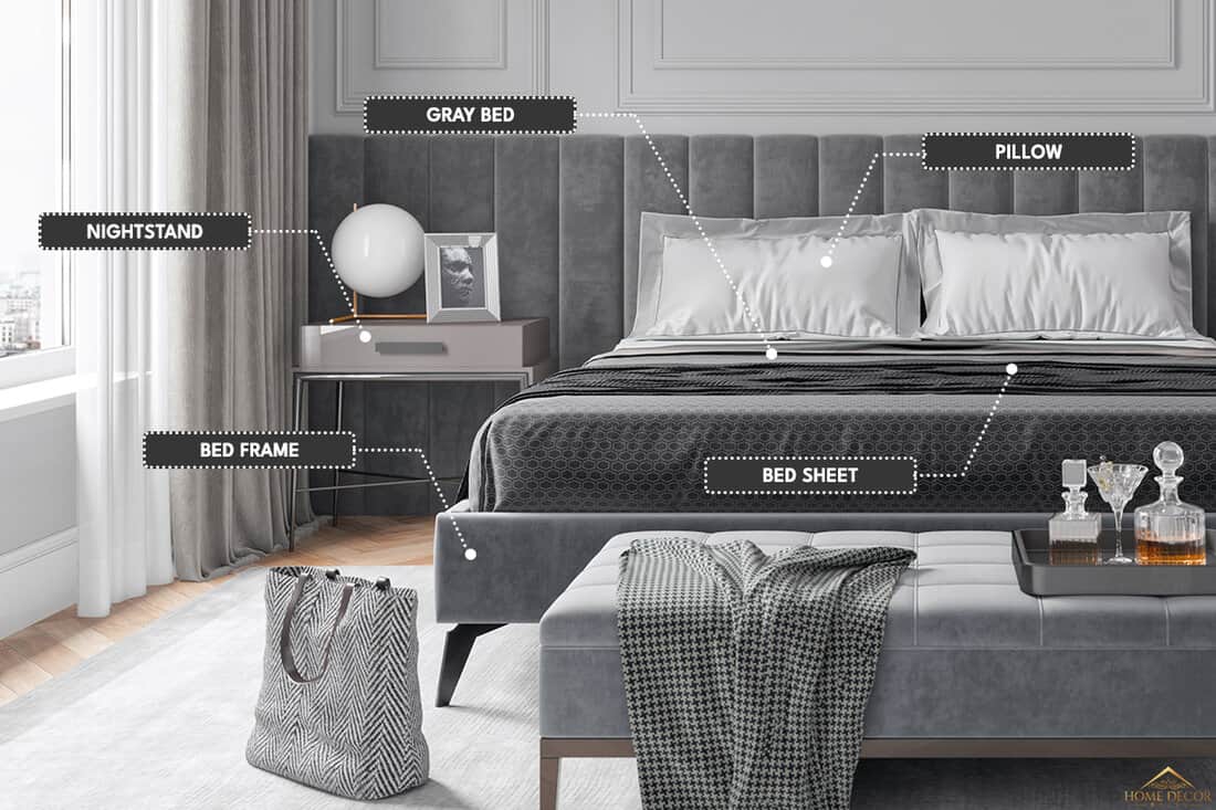 Luxurious modern gray bedroom with city view, What Color Nightstand Goes With Grey Bed? [7 Color Combinations To Try!]