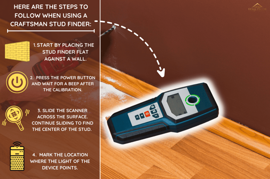 Man hand is scanning wall by cable detector to find a cable before drilling in. - How To Use A Craftsman Stud Finder [Step By Step Guide]
