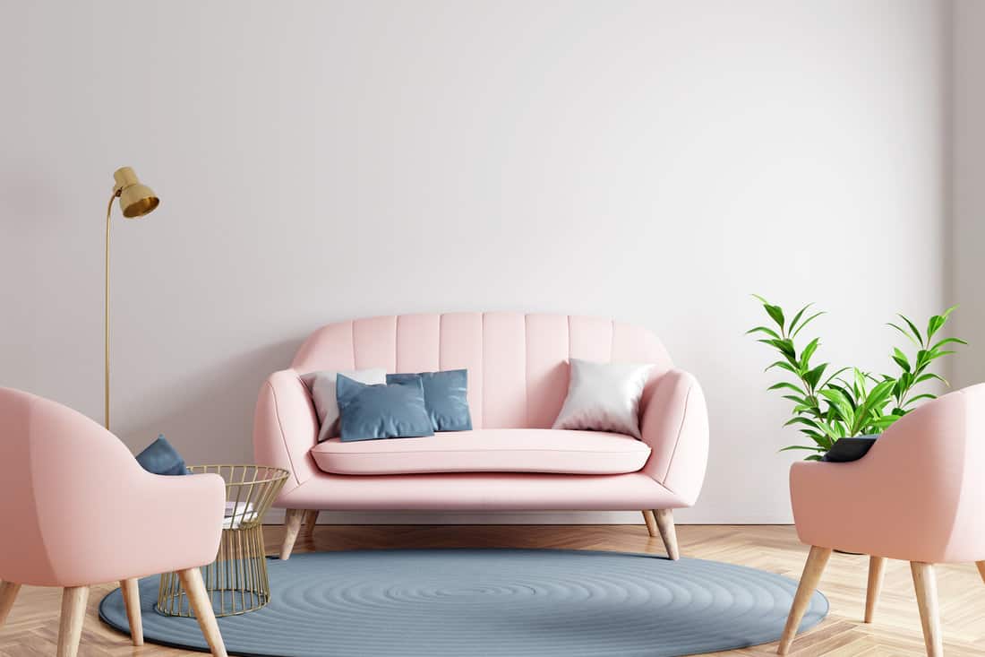 Modern living room with pink furniture. Interior design.