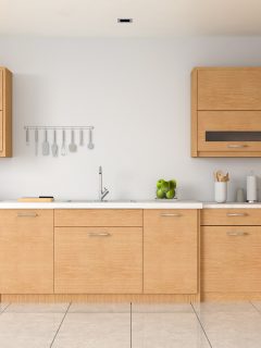 Modern white kitchen countertop and sink for mockup, 3D rendering, Tips On How To Fill A Gap Above The Kitchen Cabinet?