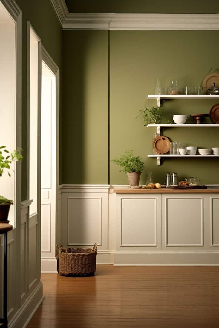 Wall painted in olive green, with antique white trim or cabinets