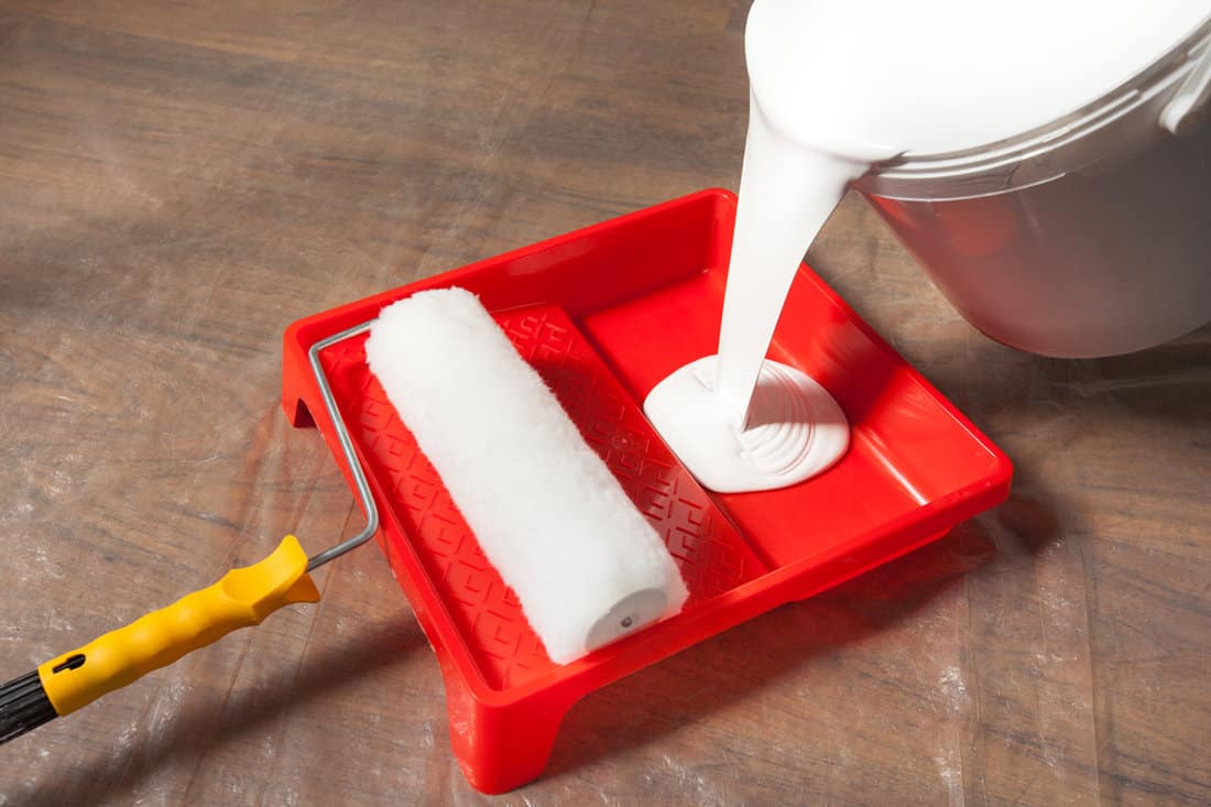 Pouring white paint onto a red painting tray