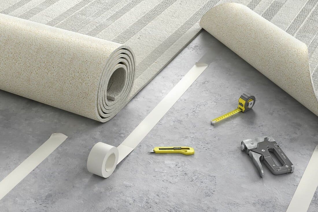 Process of laying cozy beige carpet on floor, 3d illustration