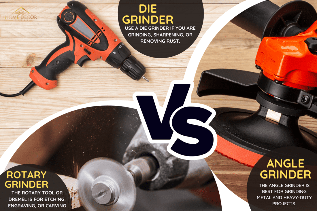 Set of hand carpentry power tools for woodworking lies on a light wooden background. Directly above. - Die Grinder Vs. Rotary Tool Vs. Angle Grinder - Which To Choose For Your Home Project?