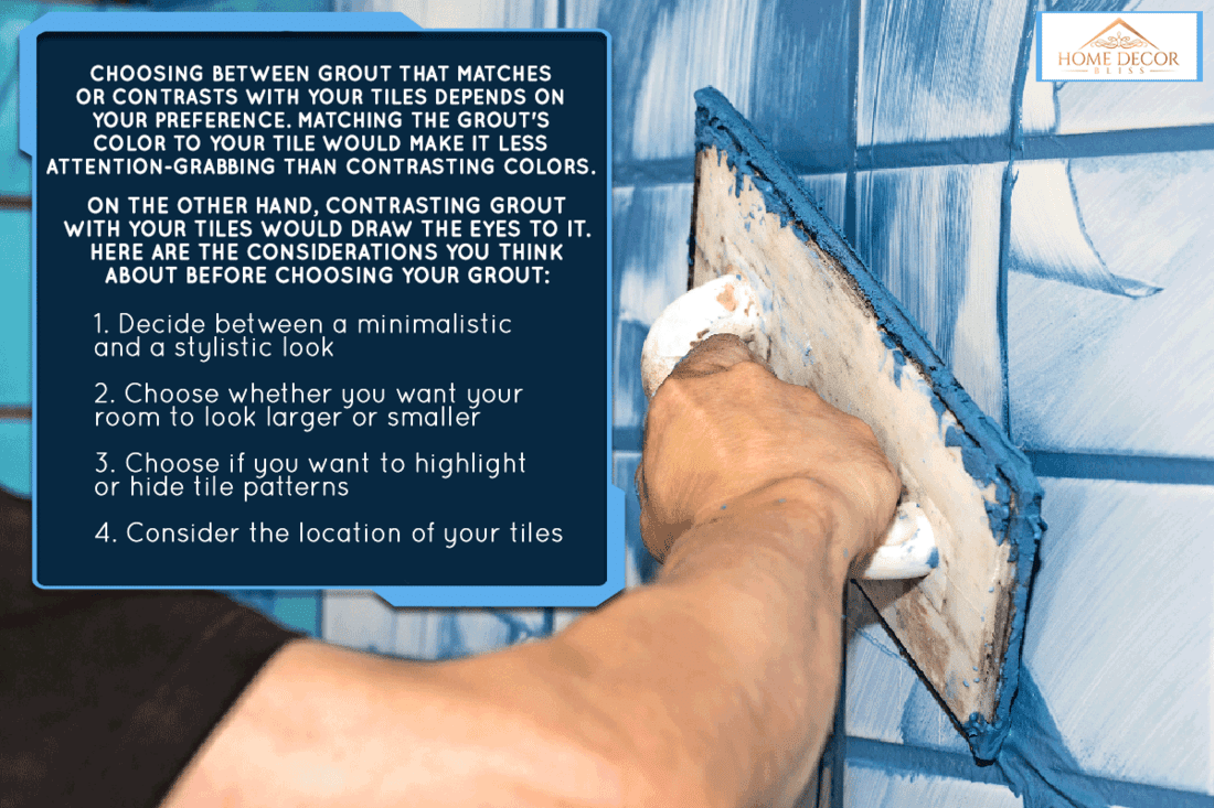 A builder applying blue grout to white interior tiles in a house, Should Grout Match Tile Or Contrast?