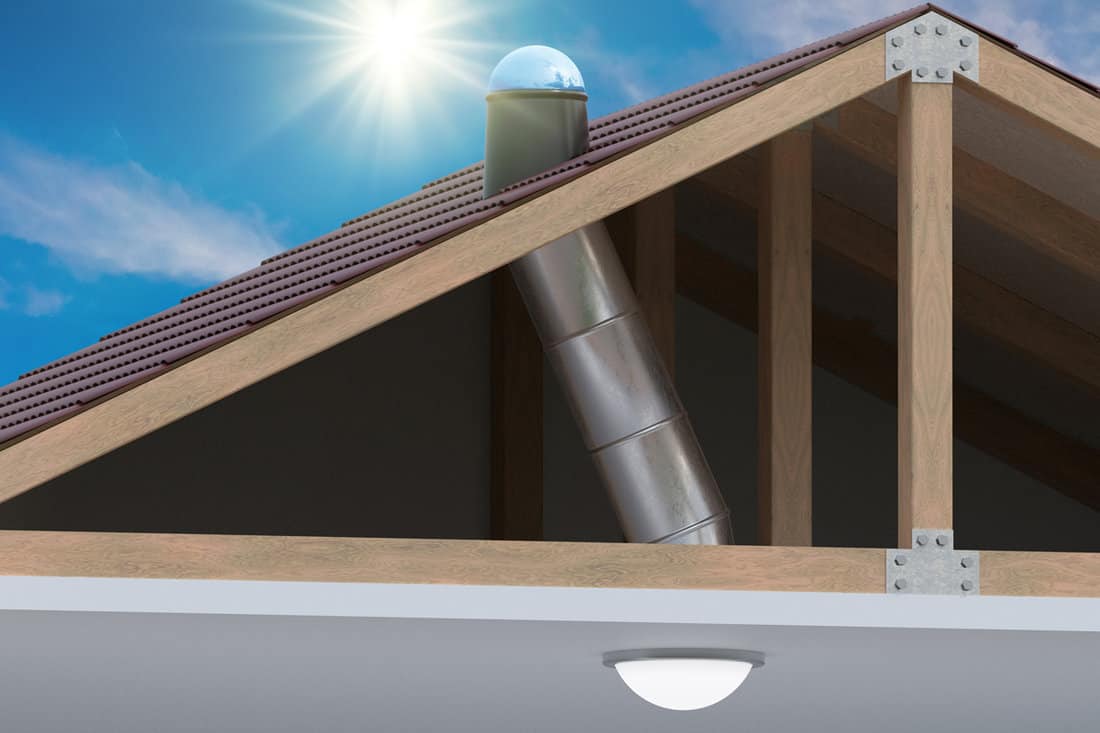 Sunlite light tube system for transporting natural daylight from roof into room. 3D rendered illustration.