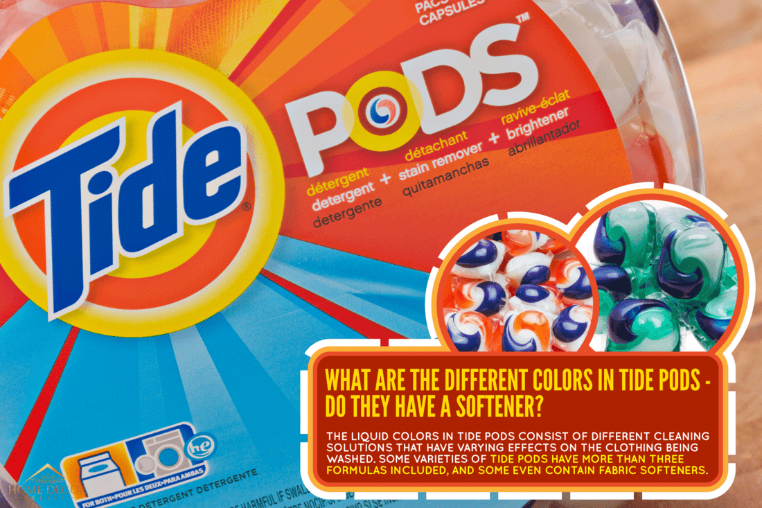 close up tide pods on the wood textured table brand new from grocery, What Are The Different Colors In Tide Pods - Do They Have A Softener?