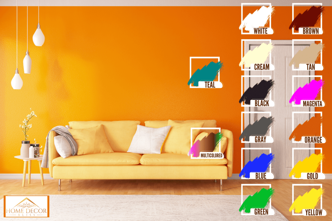 Interior of an orange painted living room with a long orange sofra and white dangling lamps, What Color Curtains Go With Orange Walls? [With Pictures For Inspiration]