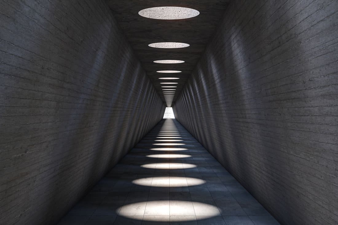 abstract architecture, long tunnel with circular holes in the ceiling for solar lighting. 3d render