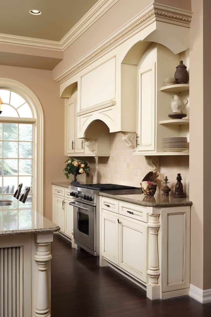ivory-colored wall, harmonizing with antique white cabinets