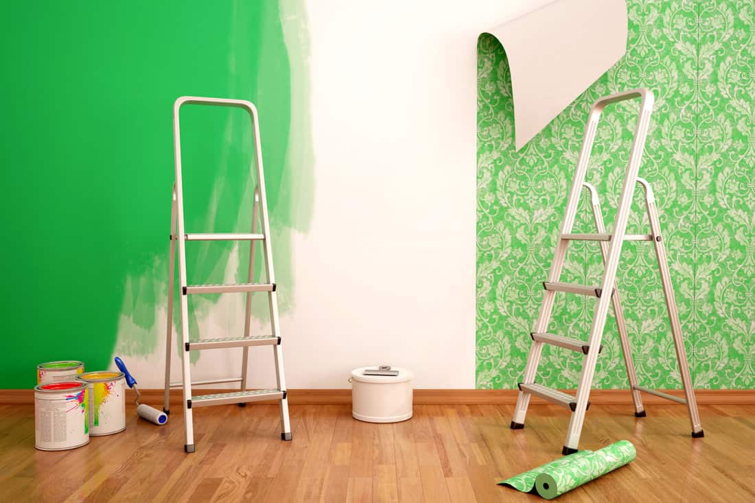 illustration of Painting wall and wallpapering green color