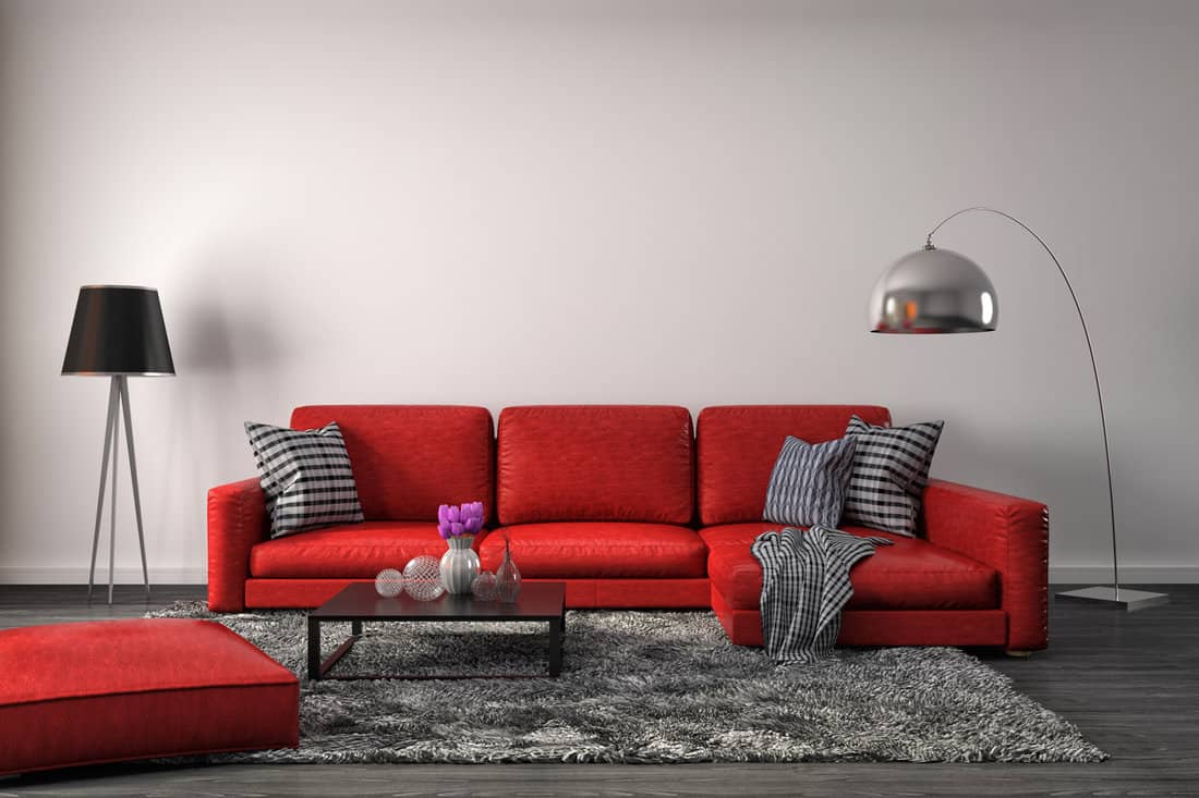 interior with red sofa and gray wall