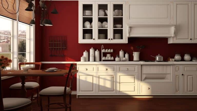 A gorgeous kitchen with dark red walls, white cabinets, and dark brown flooring, 11 Colors That Go With Antique White Trim Or Cabinets - 1600x900