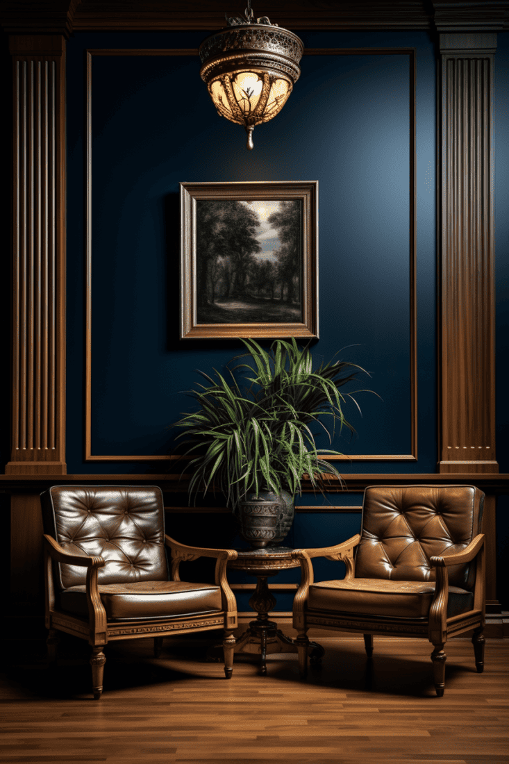 A hyperrealistic interior with dark blue walls with pine wood trims