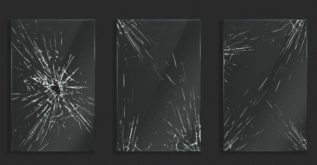 Broken glass with cracks and hole from impact or bullet. Vector realistic set of rectangle clear acrylic or plexiglass frames with crashed texture, white scratches and breaks 
