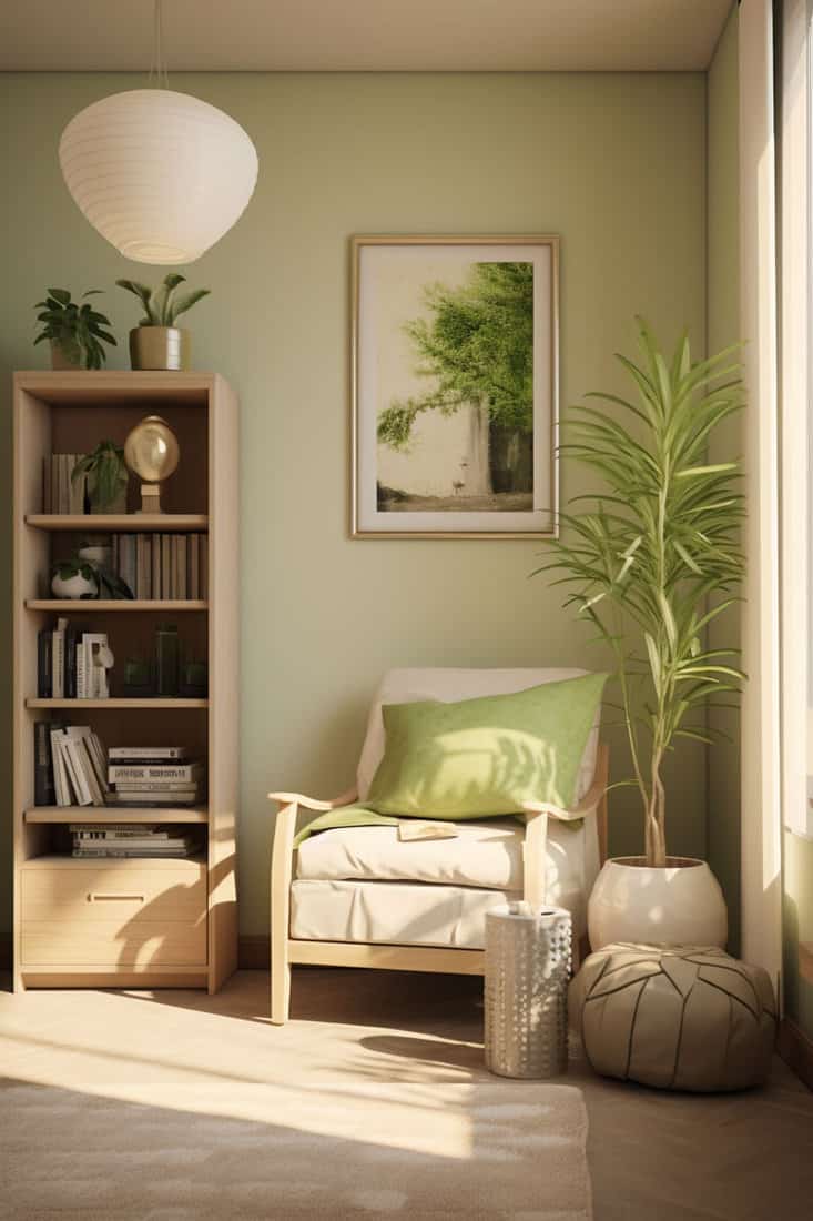 cozy room in beige with apple green accents