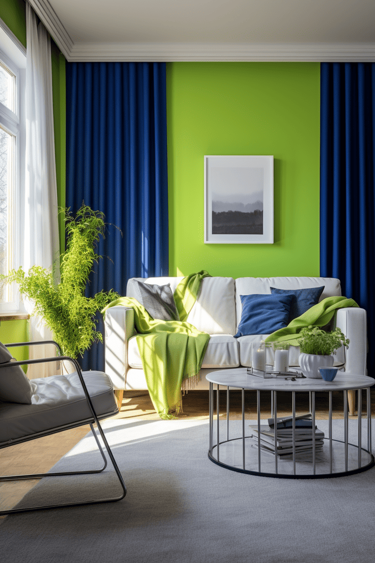 Room with apple green walls and blue furnishings and accessories