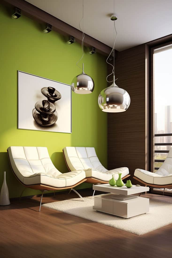 modern room showcasing contrast between apple green and brown