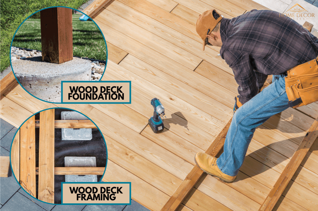 Caucasian Men in His 40s Building Wooden Deck on His Backyard Attaching Wood Board. How Much Weight Can A Wood Deck Hold