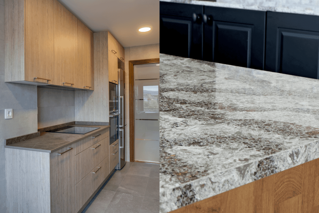 A collaged photo of kitchens decorated in Quartz and Dekton