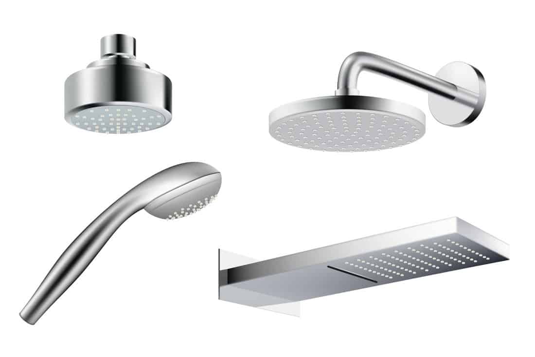 Different kinds of shower heads on a white background