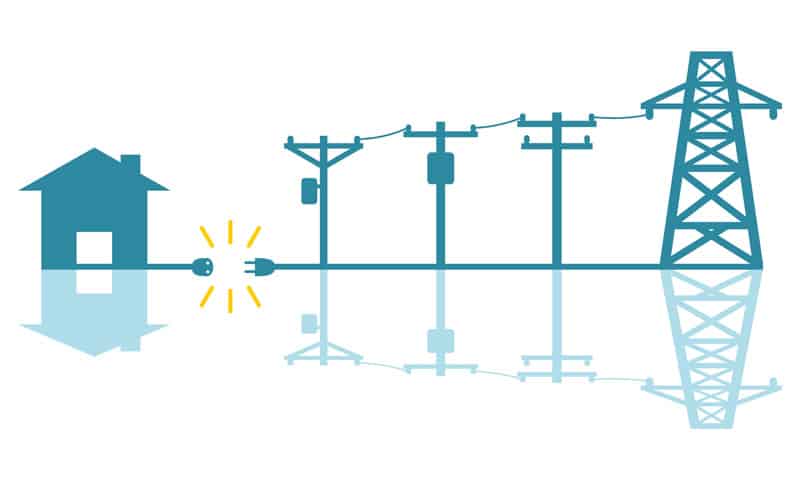 Electric poles to transmit electricity to house or home power failure outage plug and socket unplug blue icon on white background flat vector design.
