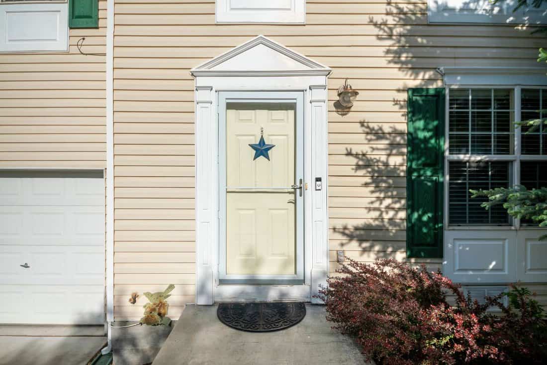 Exterior of a front door with blue star, doorbell, vinyl siding walls and windows. There is a storm door with mat and decorative white door frame beside the window and a path with plants and tree.
