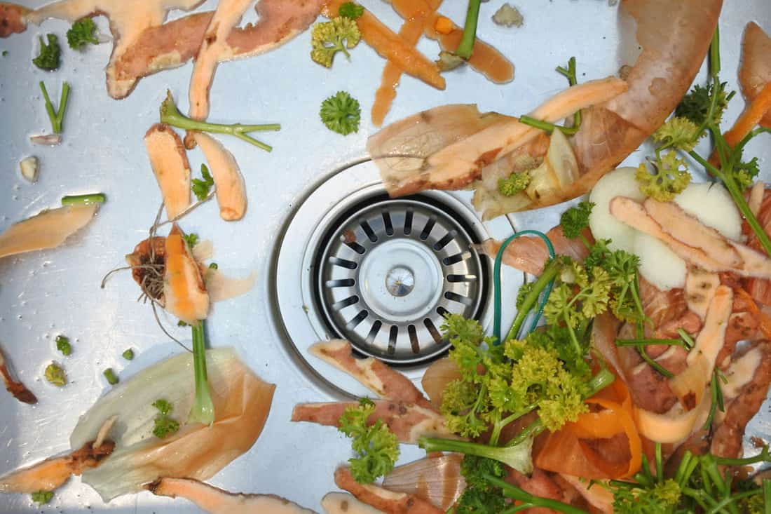 Flat lay view of mix of vegetables waste in home kitchen sink.