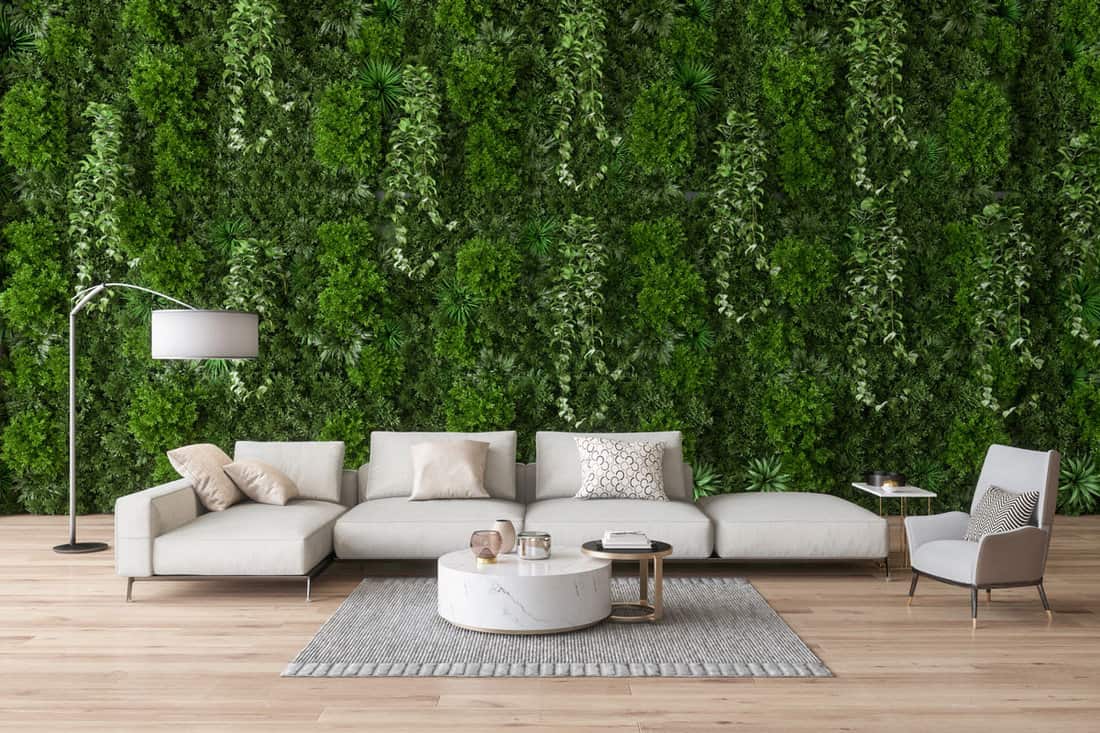 Green Living Room With Armchair, Corner Sofa, Vertical Garden And Parquet Floor