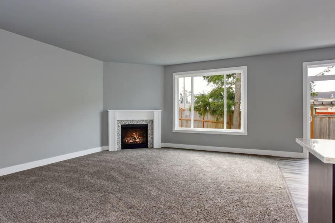 Grey house interior of living room with fireplace and carpet floor. Windows overlooking back yard.