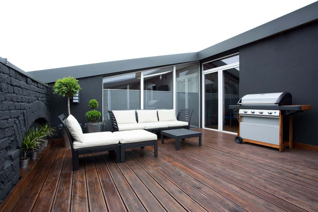 Grill on terrace with plants with black wall exterior