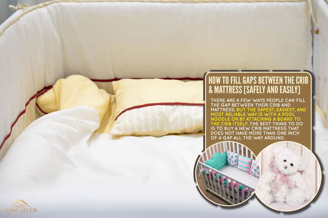 empty-baby-crib-mattress-bed yellow pillow case, How To Fill Gaps Between The Crib & Mattress [Safely And Easily]